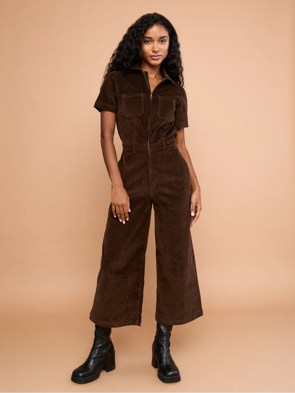 MIXED BY NASRIN Quincy Jumpsuit Coffee Corduroy Brown Stretch Zip Front Size Sm